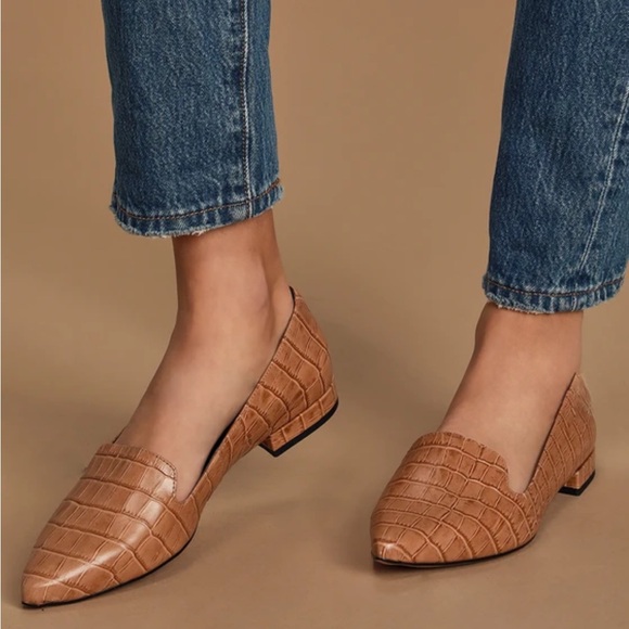 Lulus Crocodile-Embossed Genuine Leather Loafers | Sand Beige Flats, Size 9 - Picture 1 of 6